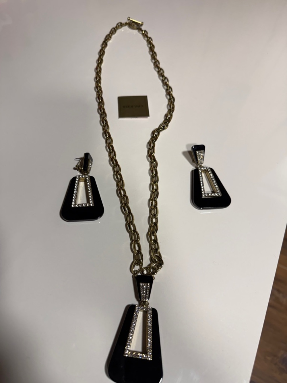 Heidi Daus Black and Gold Geometric Pendant Necklace with Matching Earrings